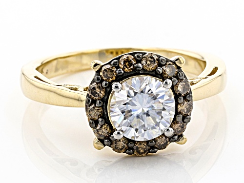 MOISSANITE FIRE(R) 1.00CT DEW AND CHAMPAGNE DIAMOND 14K YELLOW GOLD RING - Size 8