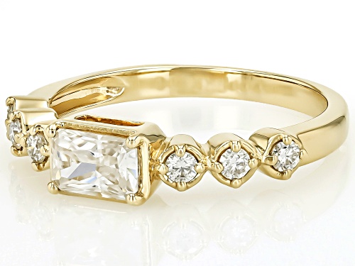 MOISSANITE FIRE(R) .88CTW DEW RADIANT AND ROUND 10K YELLOW GOLD RING - Size 6