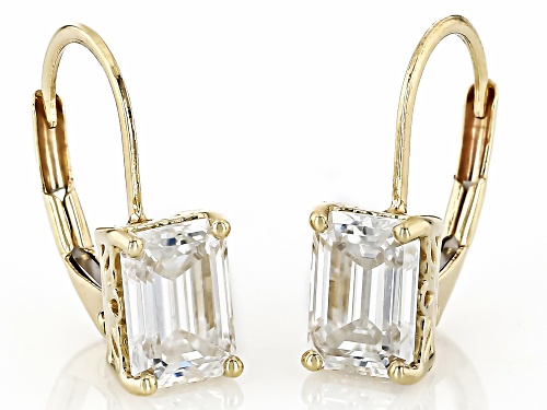 MOISSANITE FIRE® 2.02CTW DEW EMERALD CUT 10K YELLOW GOLD EARRINGS