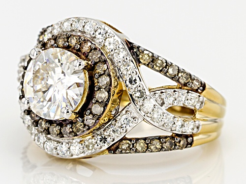 Moissanite Fire® 2.53ctw Dew And .60ctw Champagne Diamond 14k Yellow Gold Over Silver Ring - Size 10