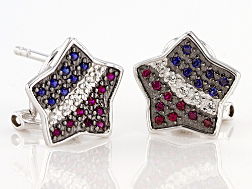 .19ctw Lab Created Red Ruby & Sapphire With .06ctw White Zircon Rhodium Over Silver Earrings
