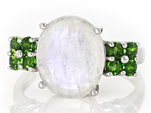 12x10mm Rainbow Moonstone with .56ctw Russian Chrome Diopside Rhodium Over Sterling Silver Ring - Size 7