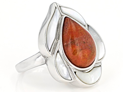 14x10mm Pear Shape Red Sponge Coral and White Mother-of-Pearl Rhodium Over Silver Ring - Size 8