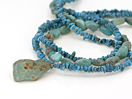 Mixed Shapes Kingman Turquoise Rhodium Over Sterling Silver 3-Strand Bead Necklace - Size 18