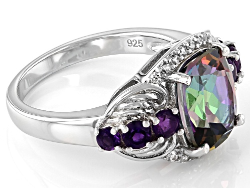 4.20ctw Mystic Fire® Green Topaz, African Amethyst and White Zircon Rhodium Over Silver Ring - Size 7
