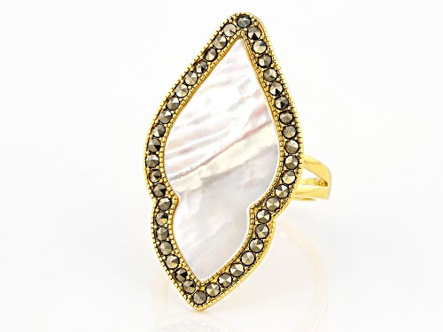 28x13MM WHITE MOTHER OF PEARL WITH MARCASITE 18K YELLOW GOLD OVER SILVER RING - Size 6