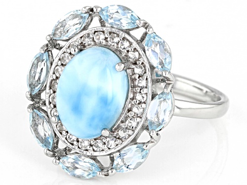 10x8mm Oval Larimar, 1.20ctw Glacier Topaz and .17ctw White Topaz Rhodium Over Silver Ring - Size 8