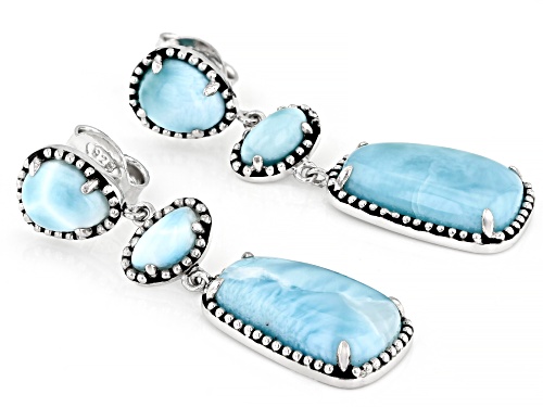 18X10mm, 9x7mm, 8X4mm fancy shaped cabochon larimar rhodium over sterling silver dangle earrings