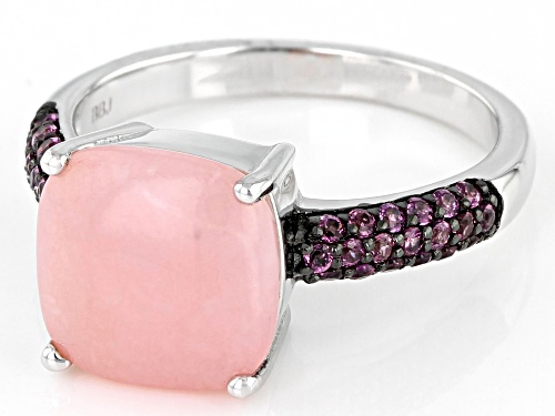 10mm cushion Peruvian Pink Opal with .41ctw round rhodolite rhodium over sterling silver ring - Size 8
