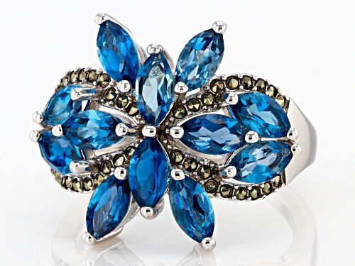 3.53ctw Marquise London Blue Topaz with round White Marcasite Rhodium Over Sterling Silver Ring - Size 6