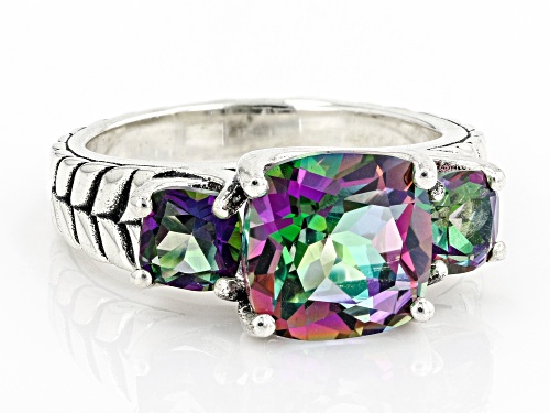 4.23ctw Square Cushion Mystic Fire(R) Green Topaz Sterling Silver 3-Stone Ring - Size 8