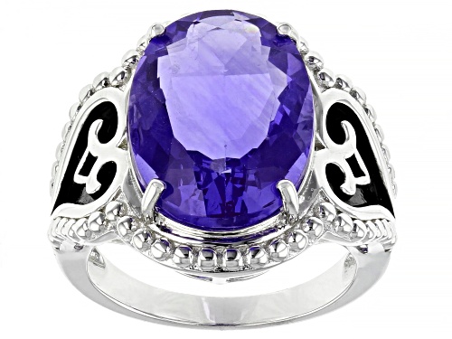 10.36ct Oval Color Change Fluorite Rhodium Over Sterling Silver Solitaire Ring - Size 7
