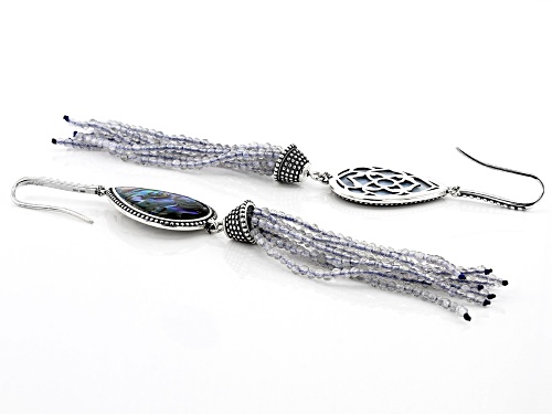 23x16mm Abalone Shell with Beaded Labradorite Rhodium Over Sterling Silver Tassel Earrings