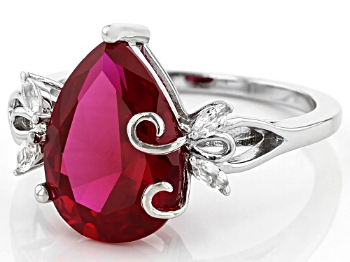 4.11ctw Pear Shape Lab Created Ruby and 0.14ctw Topaz Rhodium Over Silver Ring - Size 10