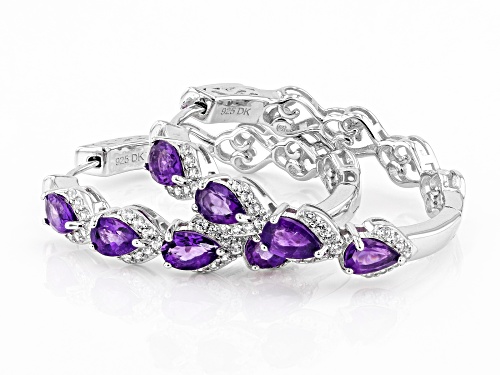 2.58ctw Pear Shape African Amethyst and .65ctw Round White Zircon Rhodium Over Silver Hoop Earrings