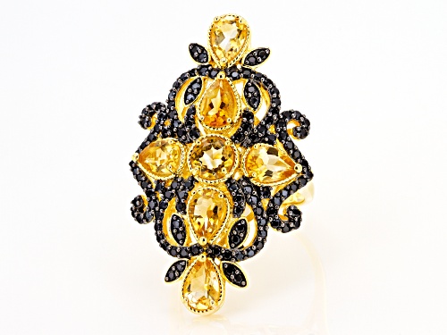 2.35ctw Pear Shape and Round Golden Citrine and .94ctw Black Spinel 18k Yellow Gold Over Silver Ring - Size 7