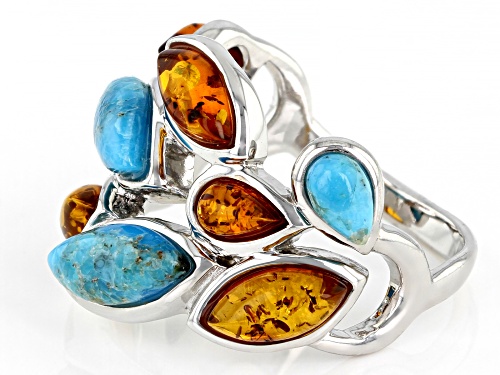 8x4mm,5x3mm Cabochon Amber & 10x4mm, 5x3mm Turquoise Rhodium Over Silver Band Ring - Size 6