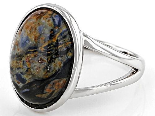 16x12mm Oval Cabochon Blue Pietersite Rhodium Over Sterling Silver Solitaire Ring - Size 7