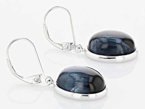 14x10mm Oval Cabochon Blue Pietersite Rhodium Over Sterling Silver Dangle Earrings
