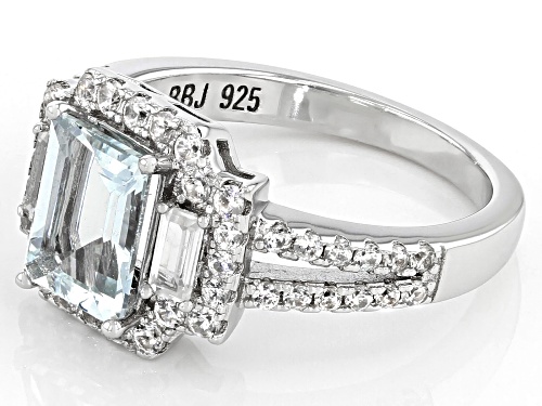 1.17ct Emerald Cut Aquamarine and 0.95ctw White Zircon Rhodium Over Sterling Silver Ring - Size 9
