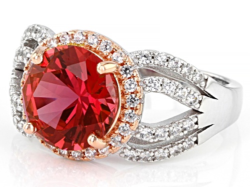 4.18ct Round Lab Created Padparadscha Sapphire and Zircon Rhodium & 18k Gold Over Silver Ring - Size 7