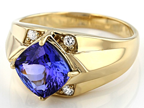 3.10ct Square Cushion Tanzanite And 0.14ctw Round White Diamond 14k Yellow Gold Men's Ring - Size 11