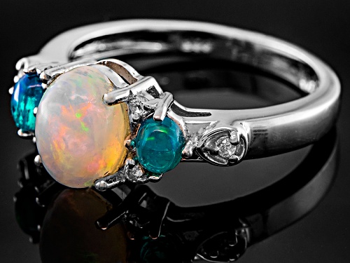 .90ct Oval Paraiba Blue Color Opal, .22ctw Oval Blue Opal, .04ctw Round White Topaz Silver Ring - Size 12