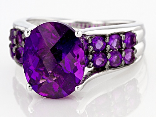 4.98ctw Oval Checkerboard Cut And Round African Amethyst Rhodium Over Sterling Silver Ring - Size 6