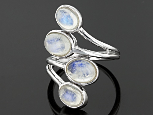 Oval Cabochon Rainbow Moonstone Bypass Sterling Silver Ring - Size 5