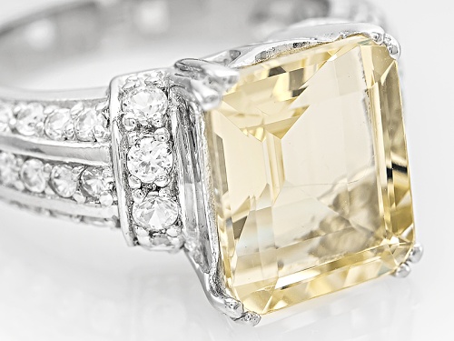 3.83ct Emerald Cut Yellow Labradorite With 1.32ctw Round White Zircon Sterling Silver Ring - Size 10