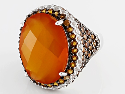 Oval, Checkerboard Cut Carnelian, .69ctw Round White Topaz And 1.61ctw Madeira Citrine Silver Ring - Size 5