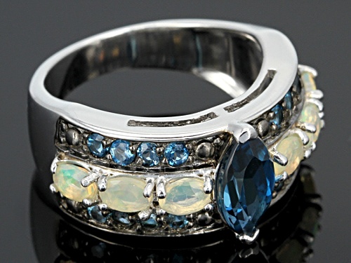 1.80ctw Marquise & Round London Blue Topaz With .45ctw Oval Ethiopian Opal Rhodium Over Silver Ring - Size 8