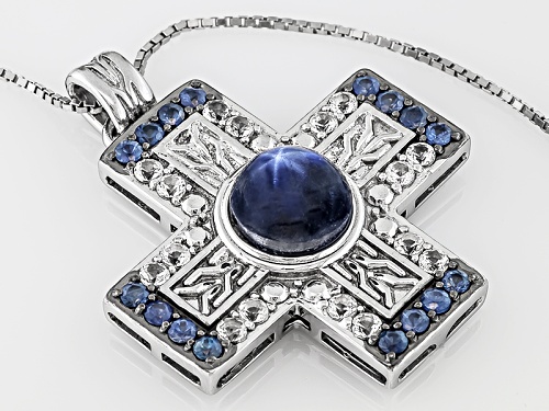 4.25ctw Blue Star Sapphire, Blue Sapphire, White Topaz Rhodium Over Silver Pendant With Chain