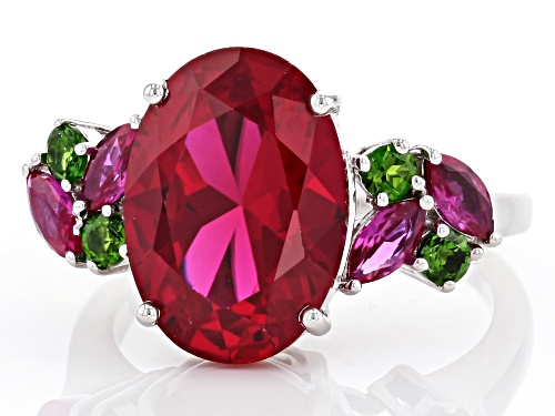 6.03ctw Lab Created Ruby with .25ctw Russian Chrome Diopside Rhodium Over Sterling Silver Ring - Size 7