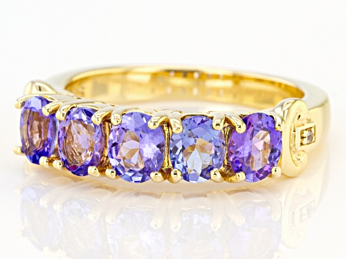 1.50CTW OVAL TANZANITE WITH .01CTW ROUND WHITE ZIRCON 18K YELLOW GOLD OVER SILVER RING - Size 10