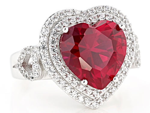 6.30ct Heart Shape Lab Created Ruby & 1.08ctw Zircon Rhodium Over Sterling Silver Ring - Size 7