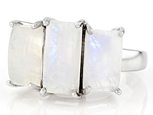 BAGUETTE CABOCHON RAINBOW MOONSTONE RHODIUM OVER STERLING SILVER 3-STONE RING - Size 6