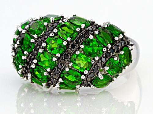 4.25ctw Oval Chrome Diopside and .26ctw Round Black Spinel Rhodium Over Sterling Silver Ring - Size 8