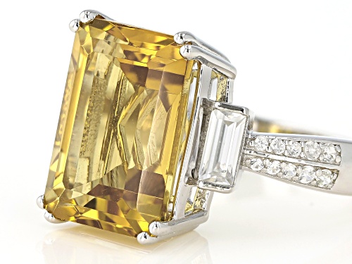 5.40ct Emerald Cut Citrine With .73ctw Baguette and Round White Zircon Rhodium Over Silver Ring - Size 9
