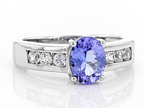 1.14CTW OVAL TANZANITE WITH .34CTW WHITE ZIRCON RHODIUM OVER STERLING SILVER RING - Size 10