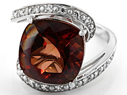 5.40ct Square Cushion Red Labradorite With .55ctw Round White Zircon Rhodium Over Silver Ring - Size 7