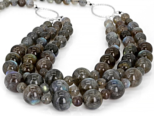 6-12MM ROUND CABOCHON LABRADORITE BEADS RHODIUM OVER STERLING SILVER 3-STRAND NECKLACE - Size 22