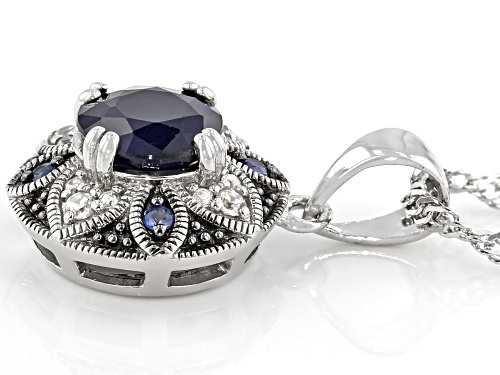 1.55ctw Blue Sapphire with .11ctw White Zircon Rhodium Over Sterling Silver Pendant with Chain