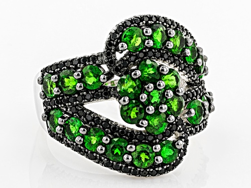 2.78ctw Russian Chrome Diopside with .45ctw Black Spinel Rhodium Over Sterling Silver Bypass Ring - Size 8