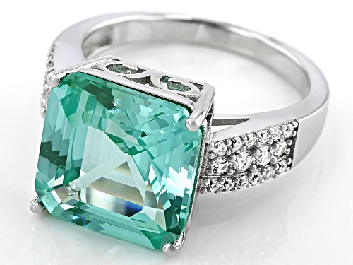 7.65ct Square Asscher Cut Lab Created Green Spinel With .55ctw Zircon Rhodium Over Silver Ring - Size 7