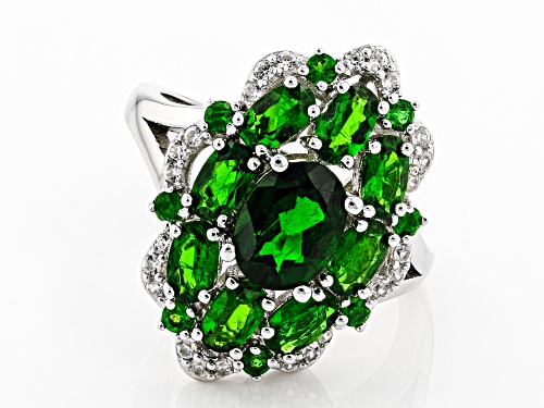 3.05ctw Oval & .27ctw Round Chrome Diopside With .22ctw Zircon Rhodium Over Sterling Silver Ring - Size 8