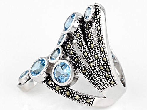 2.80ctw Round Swiss Blue Topaz And Round Marcasite Rhodium Over Sterling Silver Fan Ring - Size 6