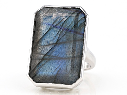 28x18mm Emerald Cut Labradorite Rhodium Over Sterling Silver Ring - Size 7