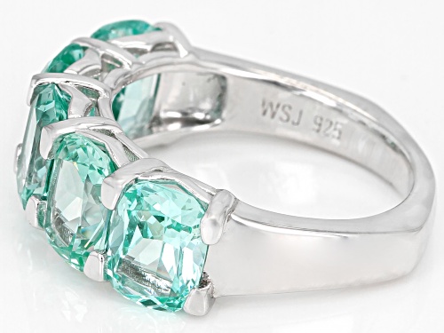 6.38ctw Rectangular Cushion Lab Created Green Spinel Rhodium Over Silver 5-Stone Ring - Size 8