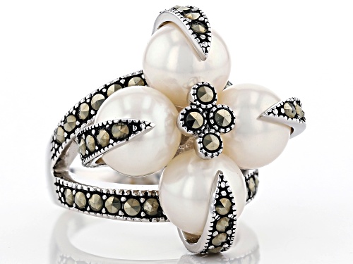 8.5mm Round White Cultured Freshwater Pearl & Round Marcasite Rhodium Over Sterling Silver Ring - Size 7